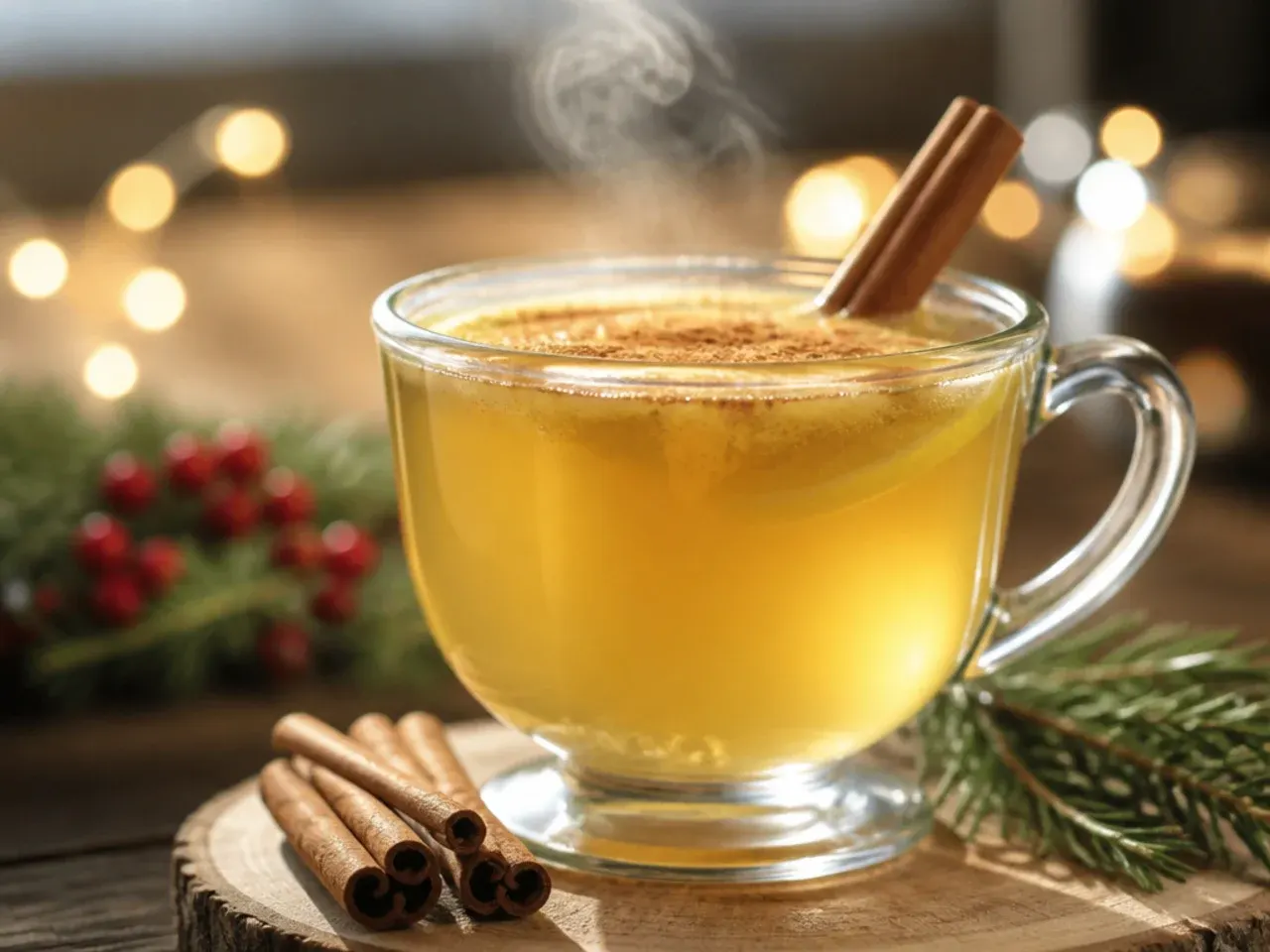 Spiced hot toddy in a glass mug with a lemon wheel studded with cloves and a cinnamon stick