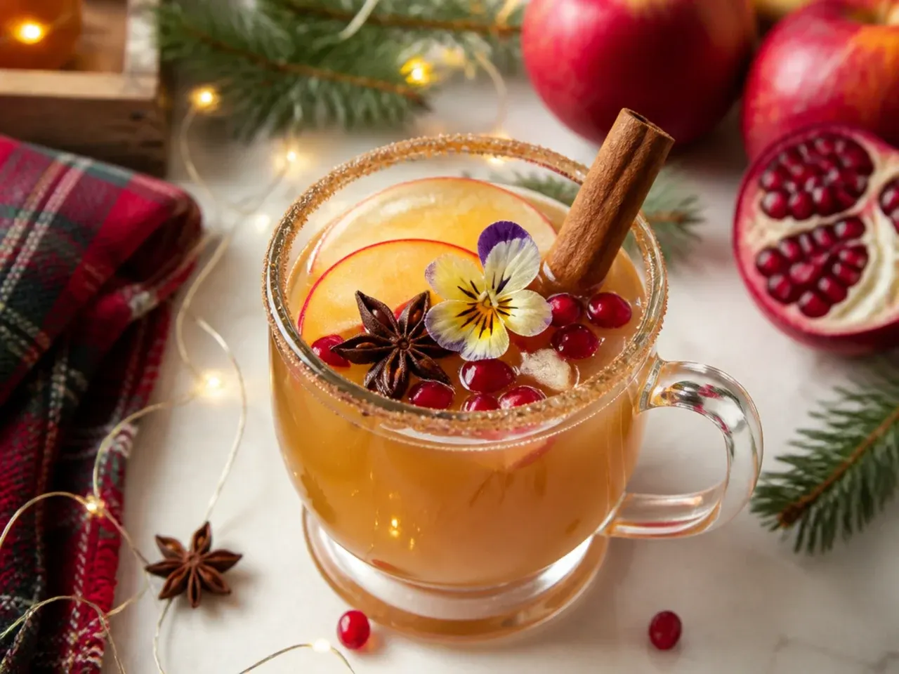 Sweet caramel apple cider mocktail topped with whipped cream and caramel drizzle