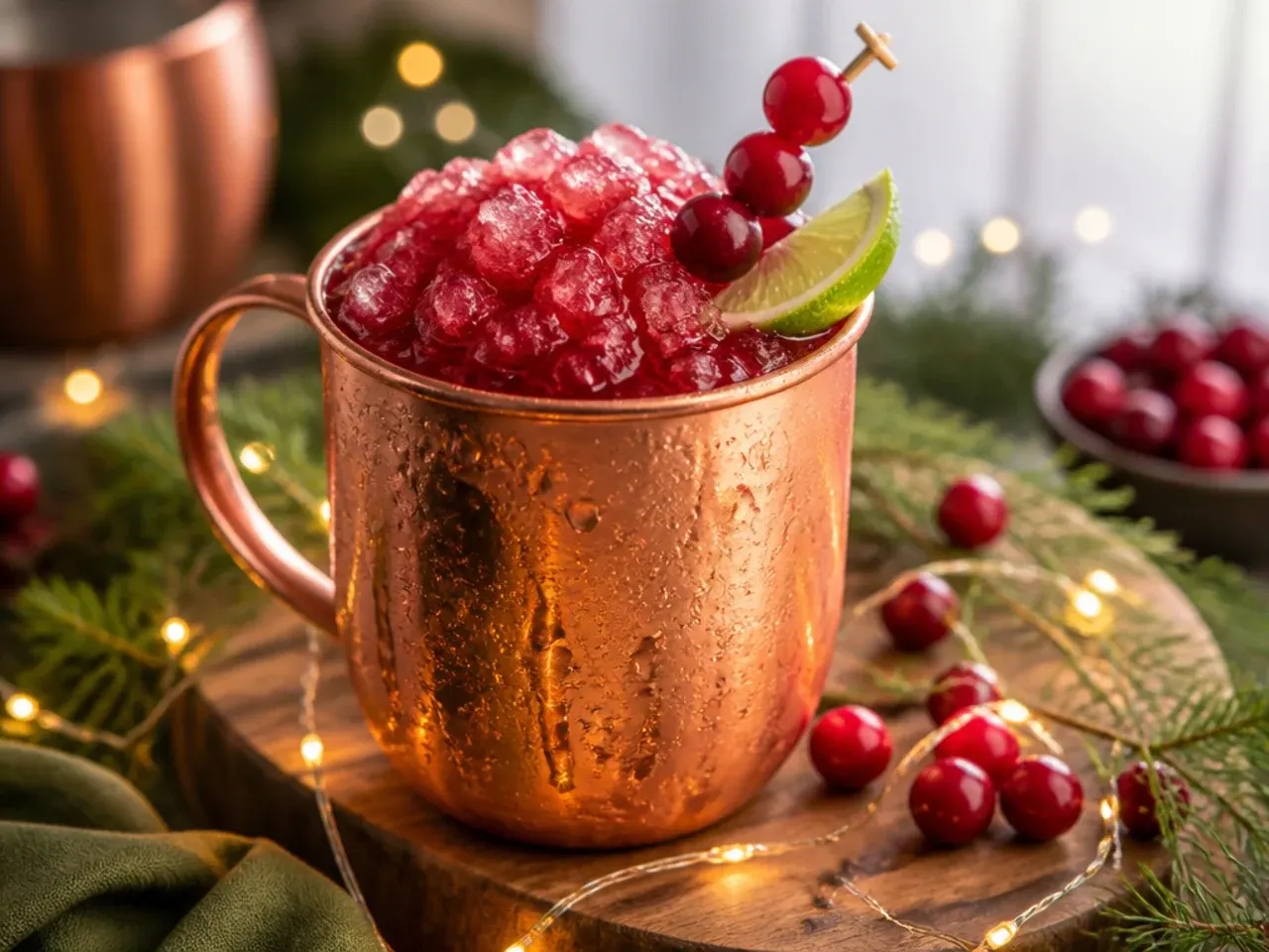 Frozen cranberry mule slushie in a copper mug with a lime wheel garnish