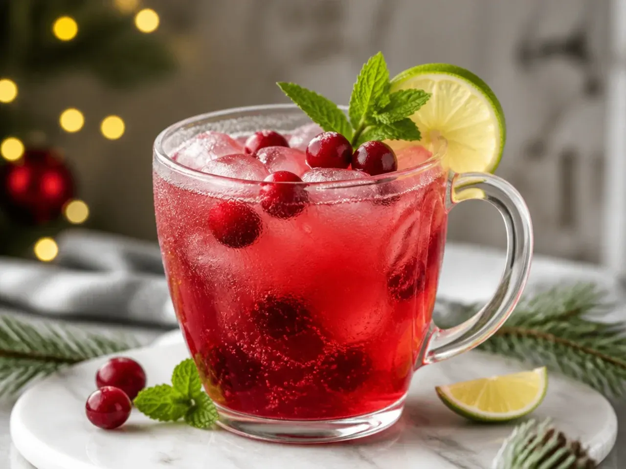 Easy three ingredient cranberry fizz in a glass with frozen cranberry ice cubes