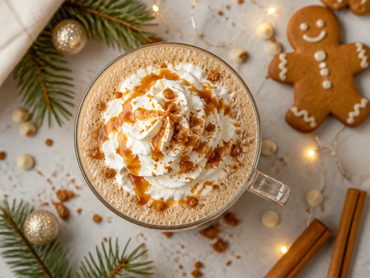 Blended gingerbread nog smoothie in a glass topped with crushed gingerbread cookie crumbs