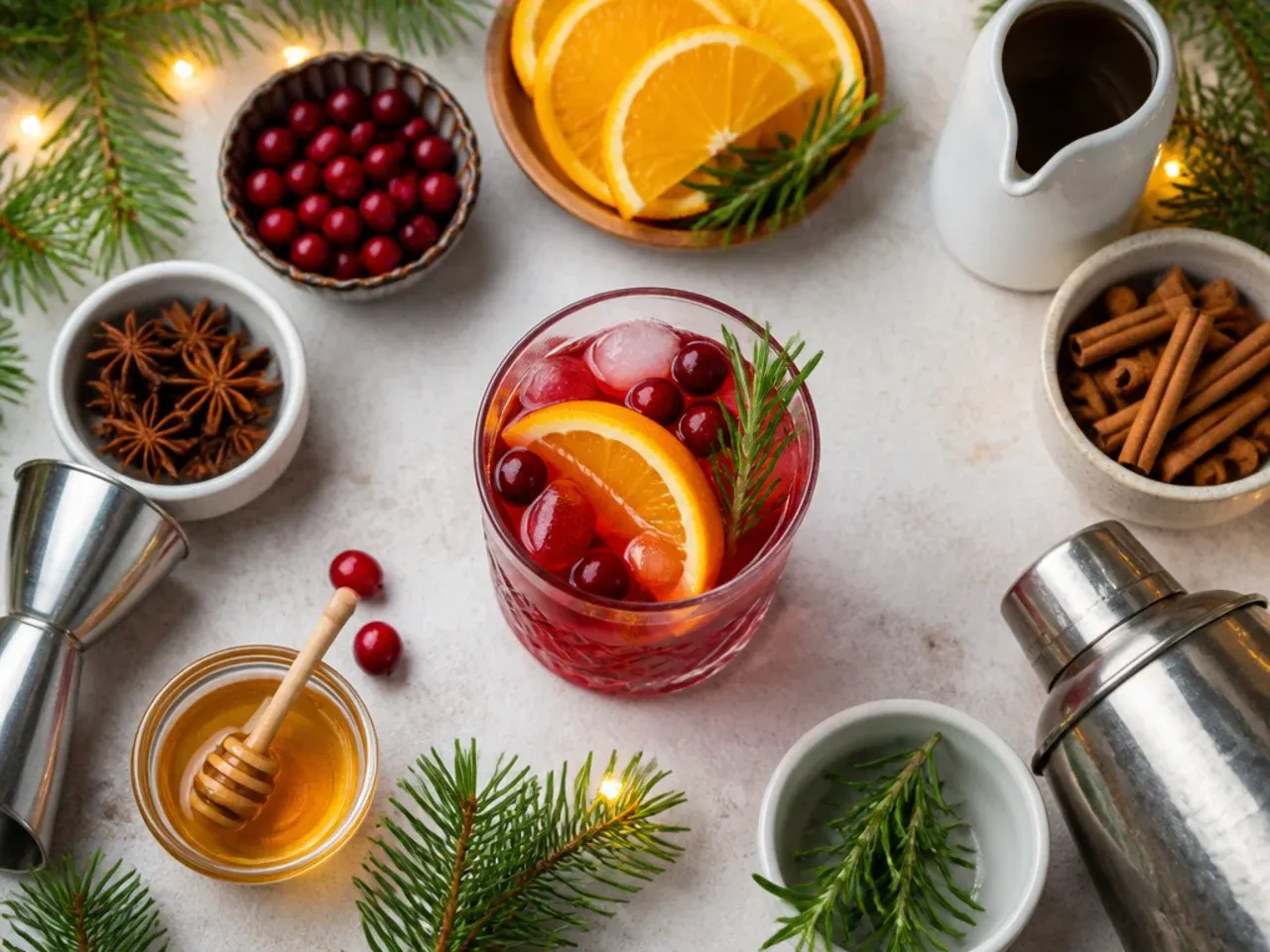 Close-up of hands garnishing a Christmas drink with cinnamon sticks and citrus slices