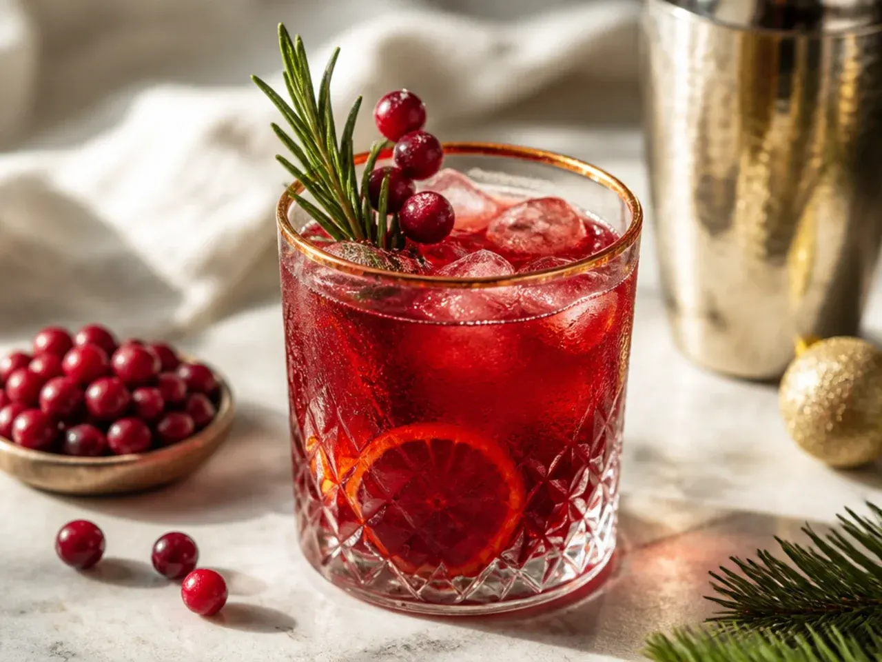 Christmas drink garnish station with orange slices, cinnamon sticks, cranberries and rosemary