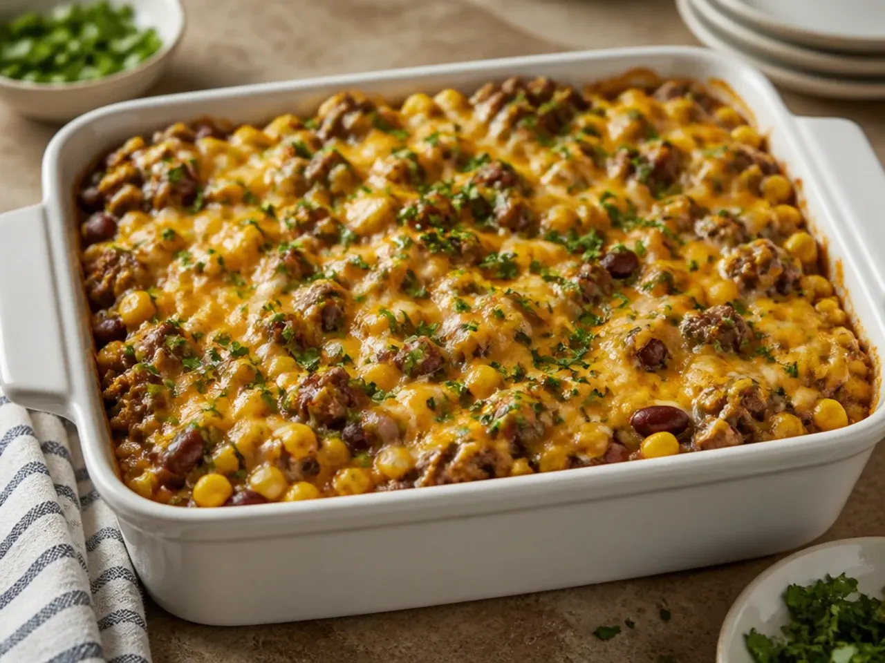 Easy cowboy casserole with beef, condensed soup and tater tots in a baking dish before going into the oven