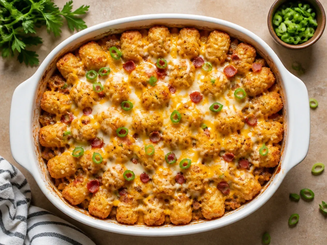 Classic scratch-made cowboy casserole with a homemade white sauce base and golden tater tot topping