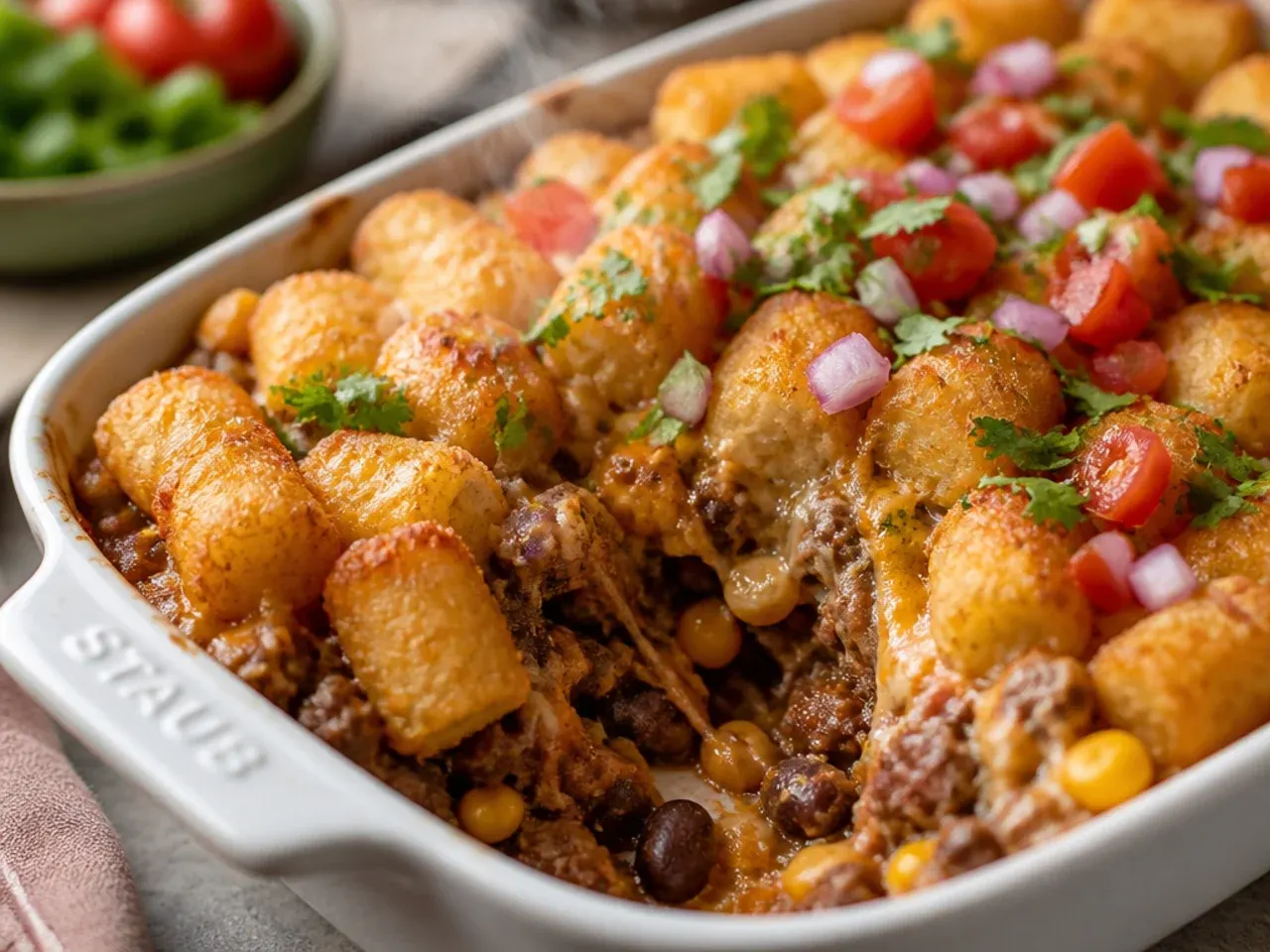 Close-up cross-section of cowboy casserole showing the creamy filling under a crispy tater tot layer