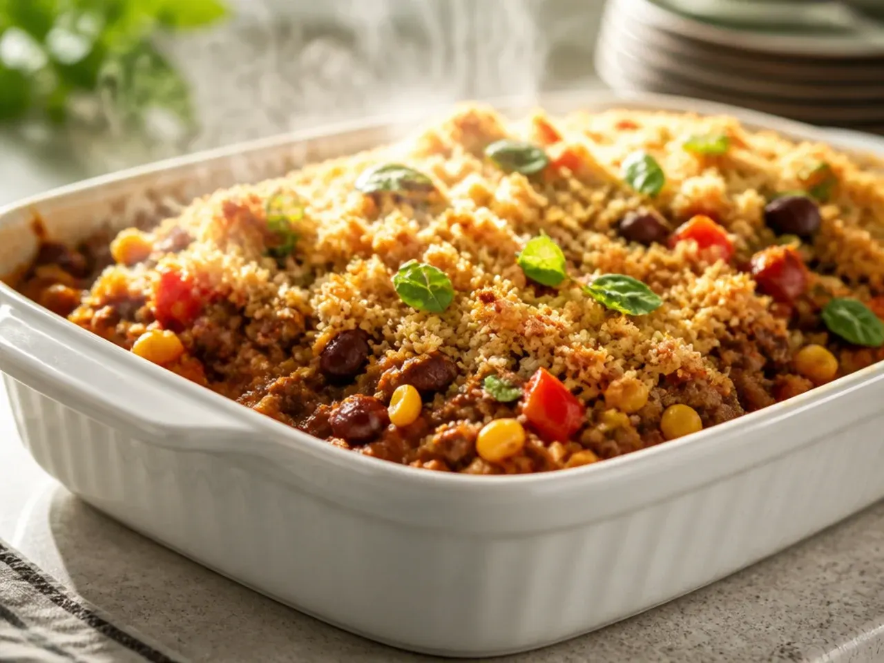 Two finished cowboy casseroles on a table, one classic and one easy, ready to compare and serve