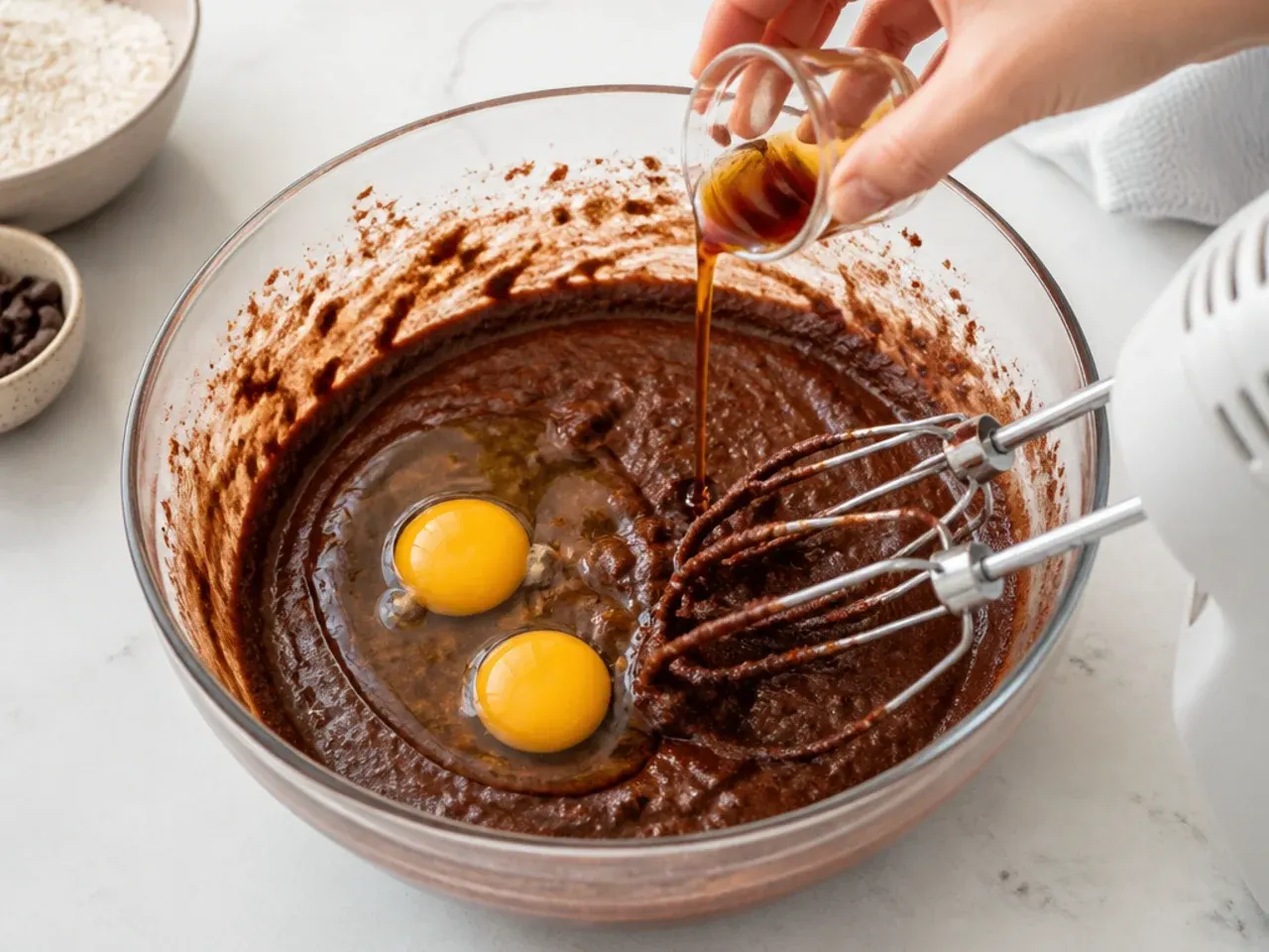 easy dinosaur cake — step 3: add the eggs and vanilla