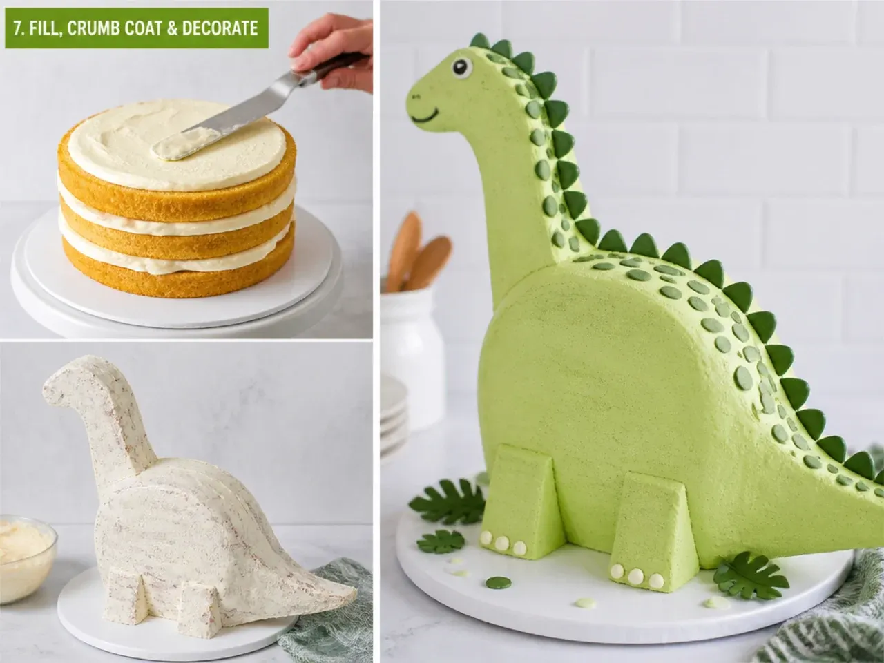 easy dinosaur cake — step 7: fill, crumb coat and decorate