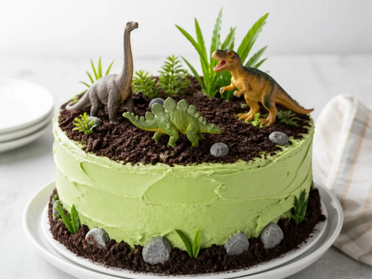 easy dinosaur cake topped with toy dinosaurs, green buttercream and cookie crumb dirt