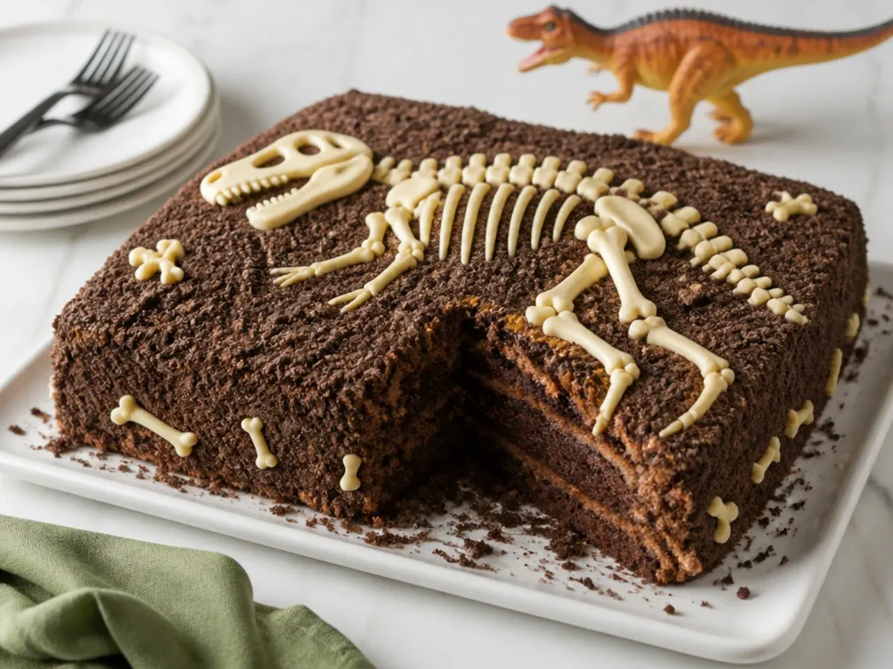 dinosaur dig excavation cake with cookie crumb dirt and white chocolate bones