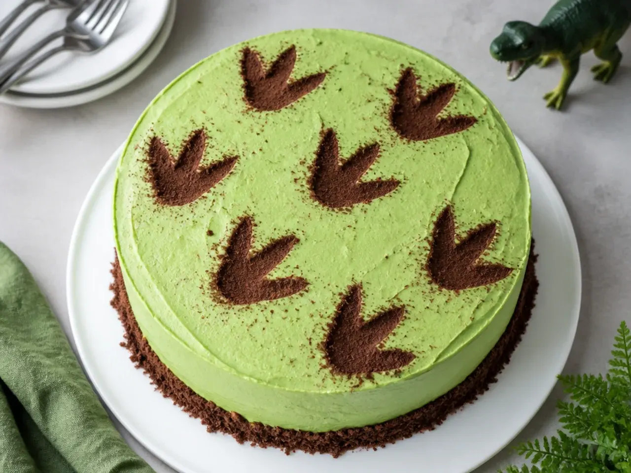 simple dinosaur footprint cake with cocoa-dusted tracks pressed into green frosting