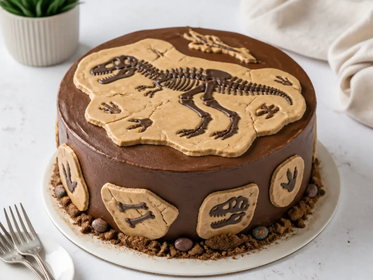 fossil imprint dinosaur birthday cake with stamped fondant dig panels