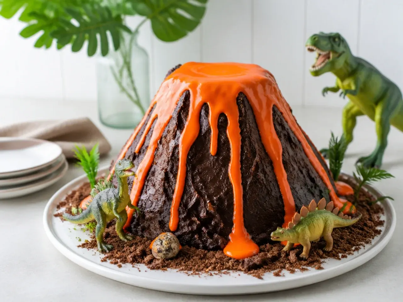 volcano dinosaur cake with orange candy melt lava dripping down chocolate rock sides