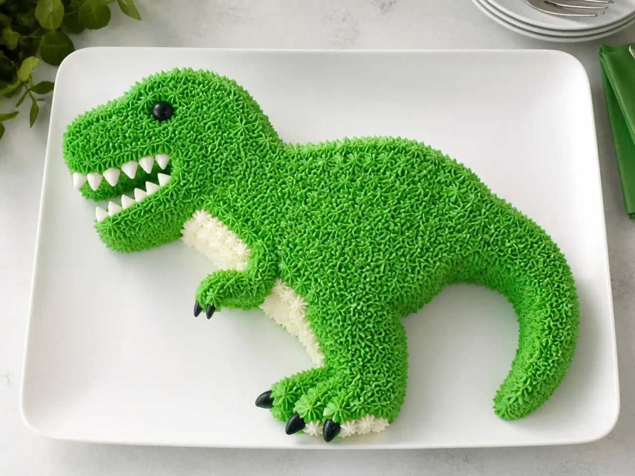 cut-out T-Rex dinosaur cake shaped from two round sponges with green star piping