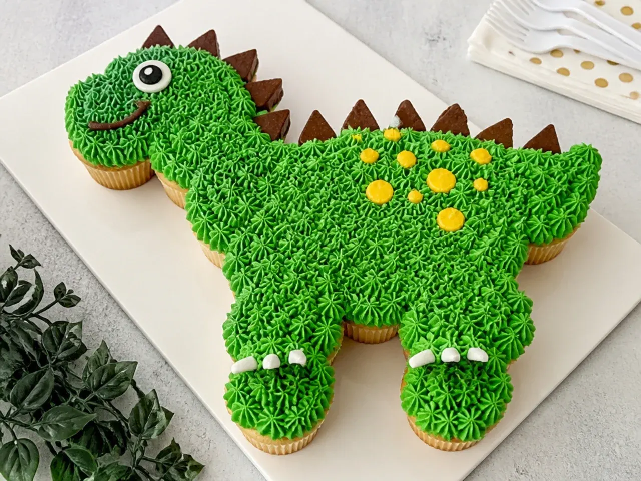 pull-apart dinosaur cupcake cake piped with green buttercream stars