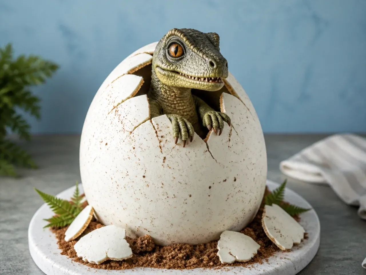 hatching dinosaur egg cake with speckled white shell and baby dino inside
