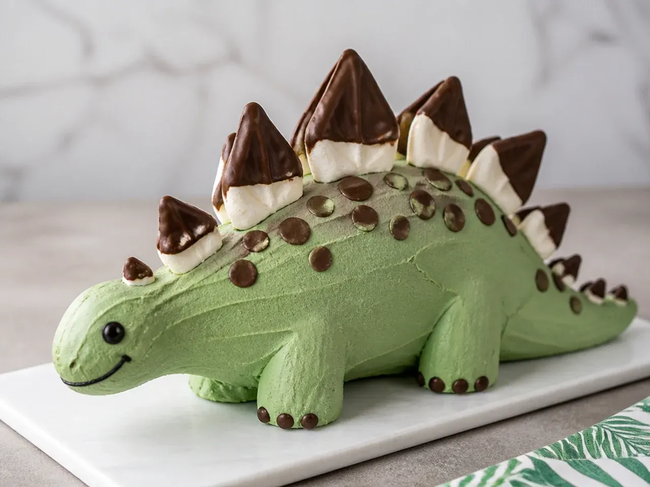stegosaurus dinosaur cake with chocolate-dipped meringue spikes along the spine