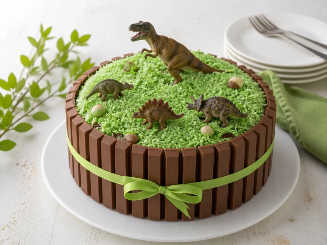 KitKat fence dinosaur cake with green coconut grass and toy dinos in the paddock