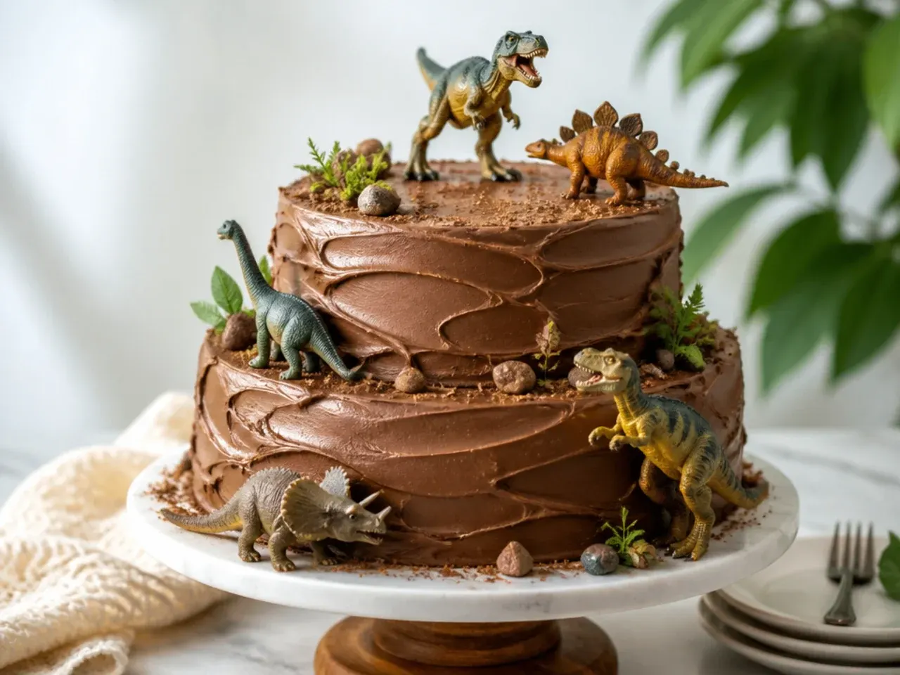 two-tier prehistoric dinosaur cake with swirled chocolate frosting and climbing toy dinosaurs