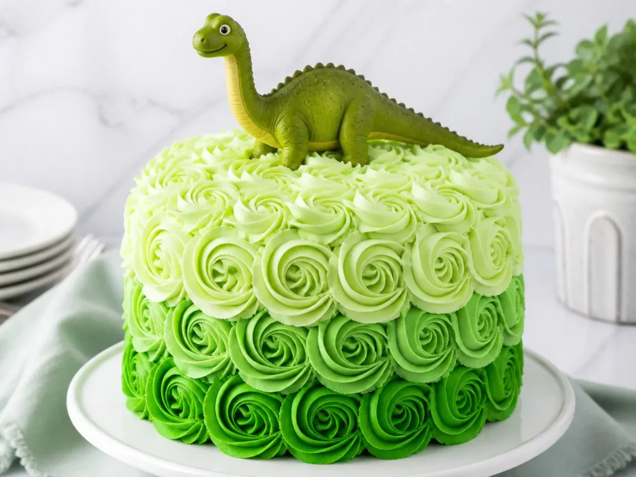green ombre rosette dinosaur cake piped with a Wilton 1M tip and dino topper