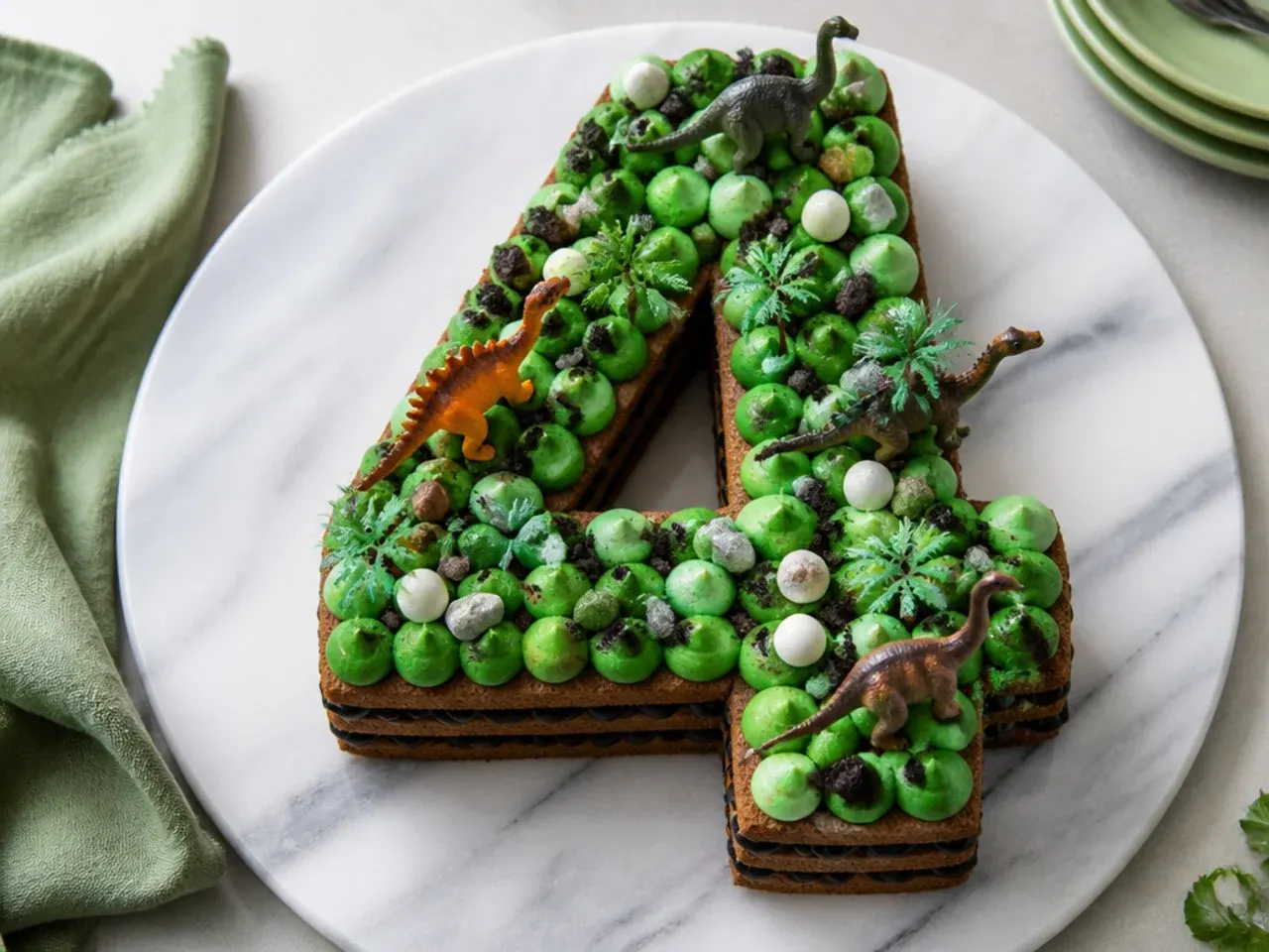 dinosaur number cake covered in piped green buttercream blobs, mini dinos and chocolate rocks
