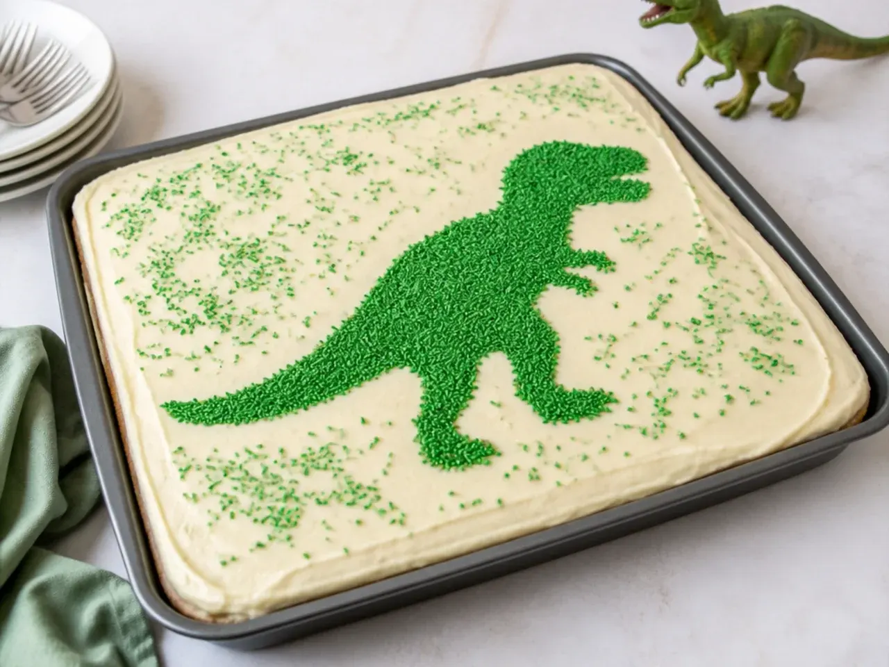 easy dinosaur sheet cake with a green sprinkle stencil silhouette