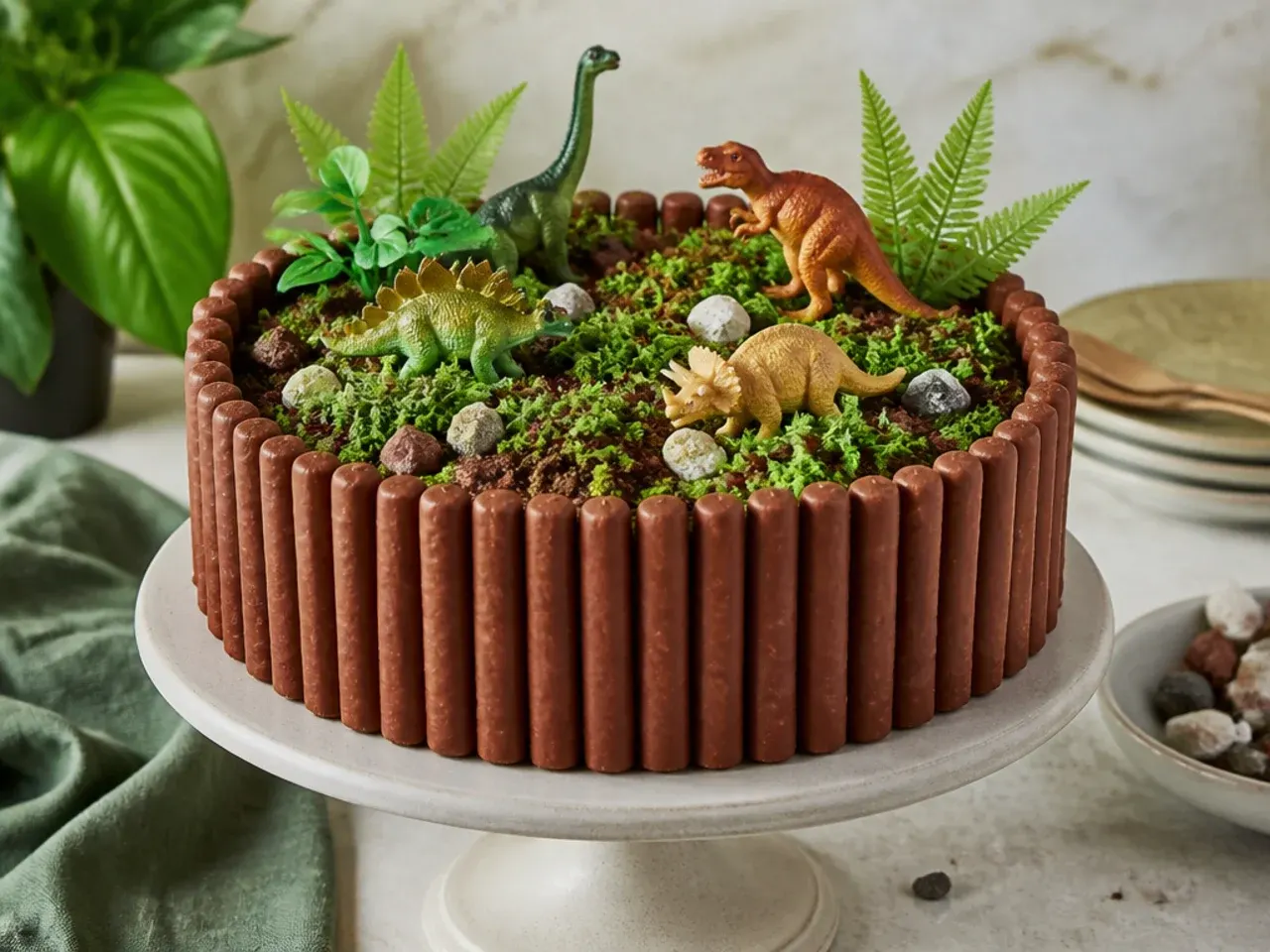 rustic forest dinosaur cake with chocolate finger logs, coconut moss and hidden dinos