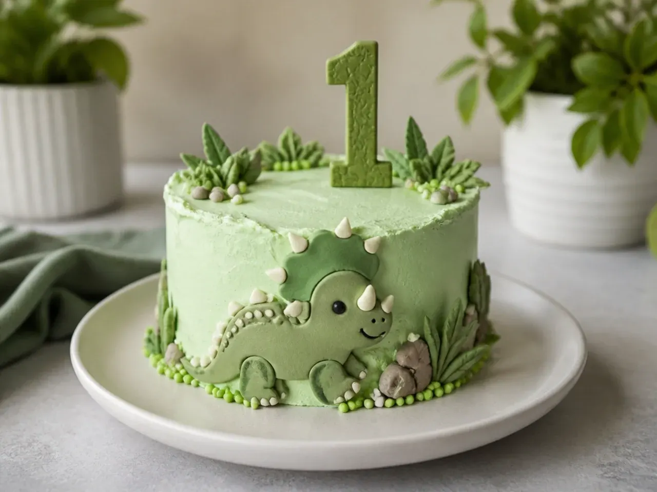 mini dinosaur smash cake with pale green buttercream for a first birthday