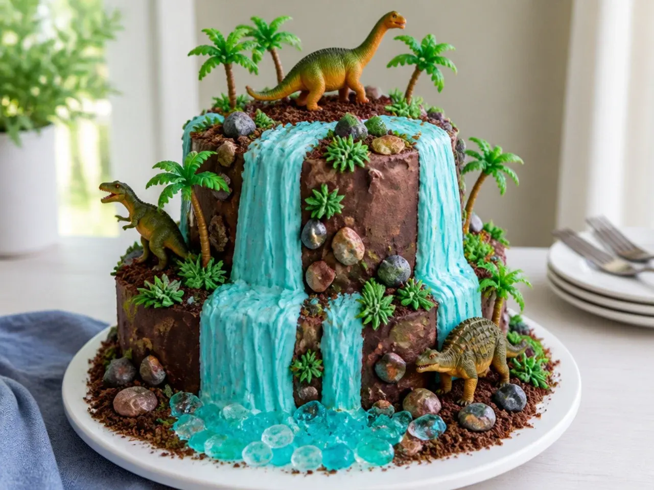 jungle waterfall dinosaur cake with blue buttercream falls, rock candy pool and palm trees
