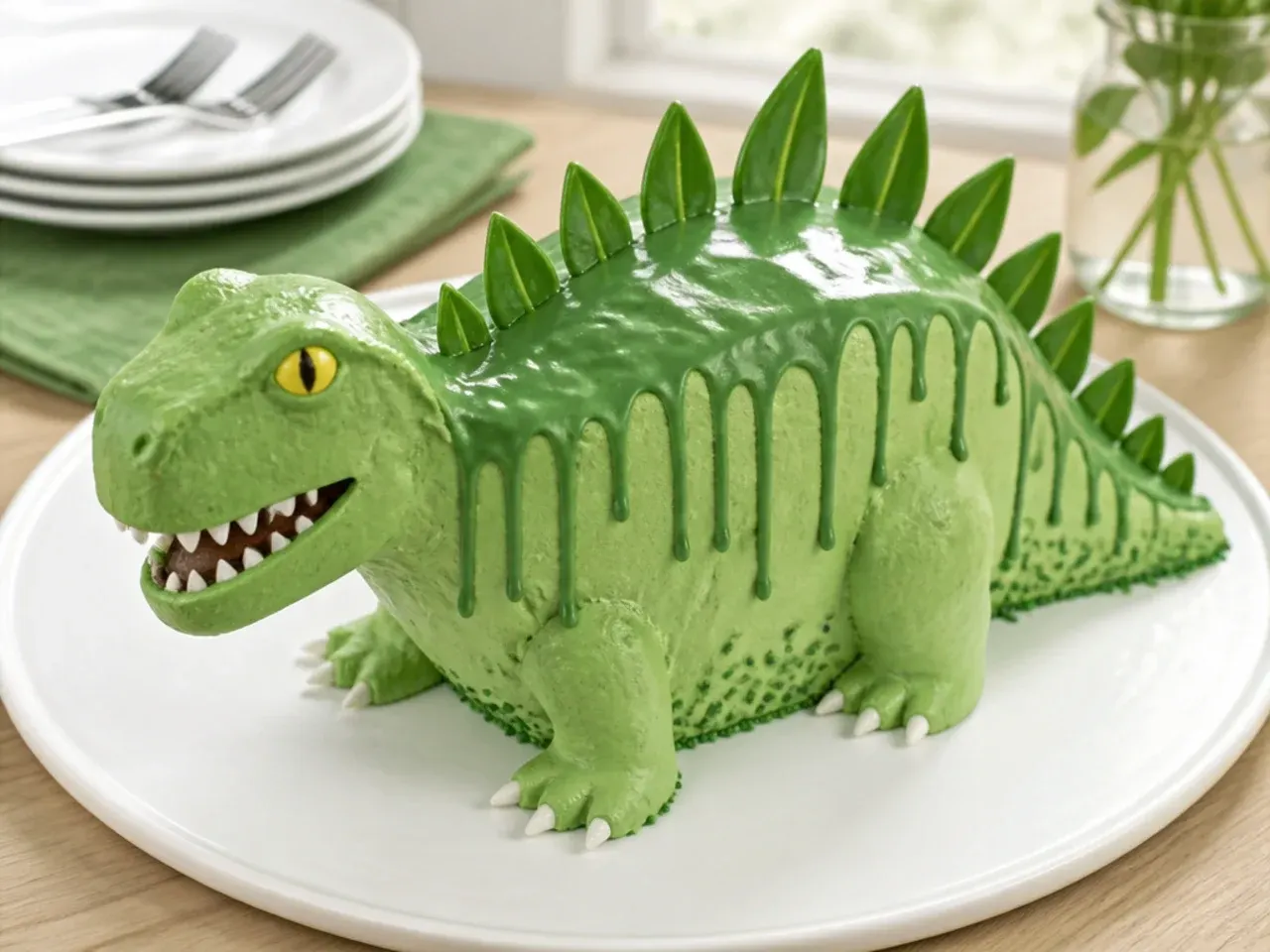 green drip dinosaur cake with a spine of candy melt spikes on top