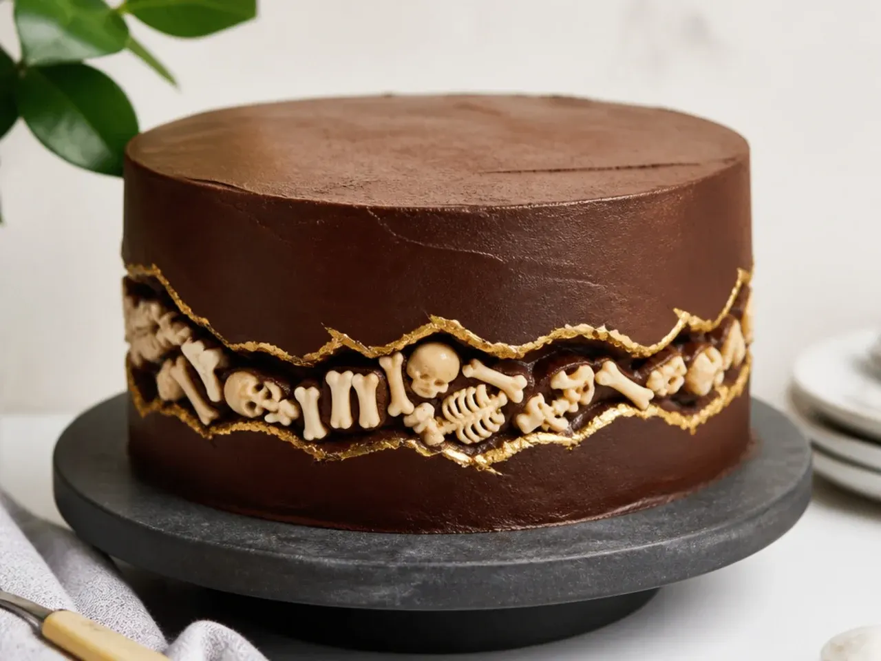 fault line dinosaur fossil cake with an exposed band of bone sprinkles and gold edges