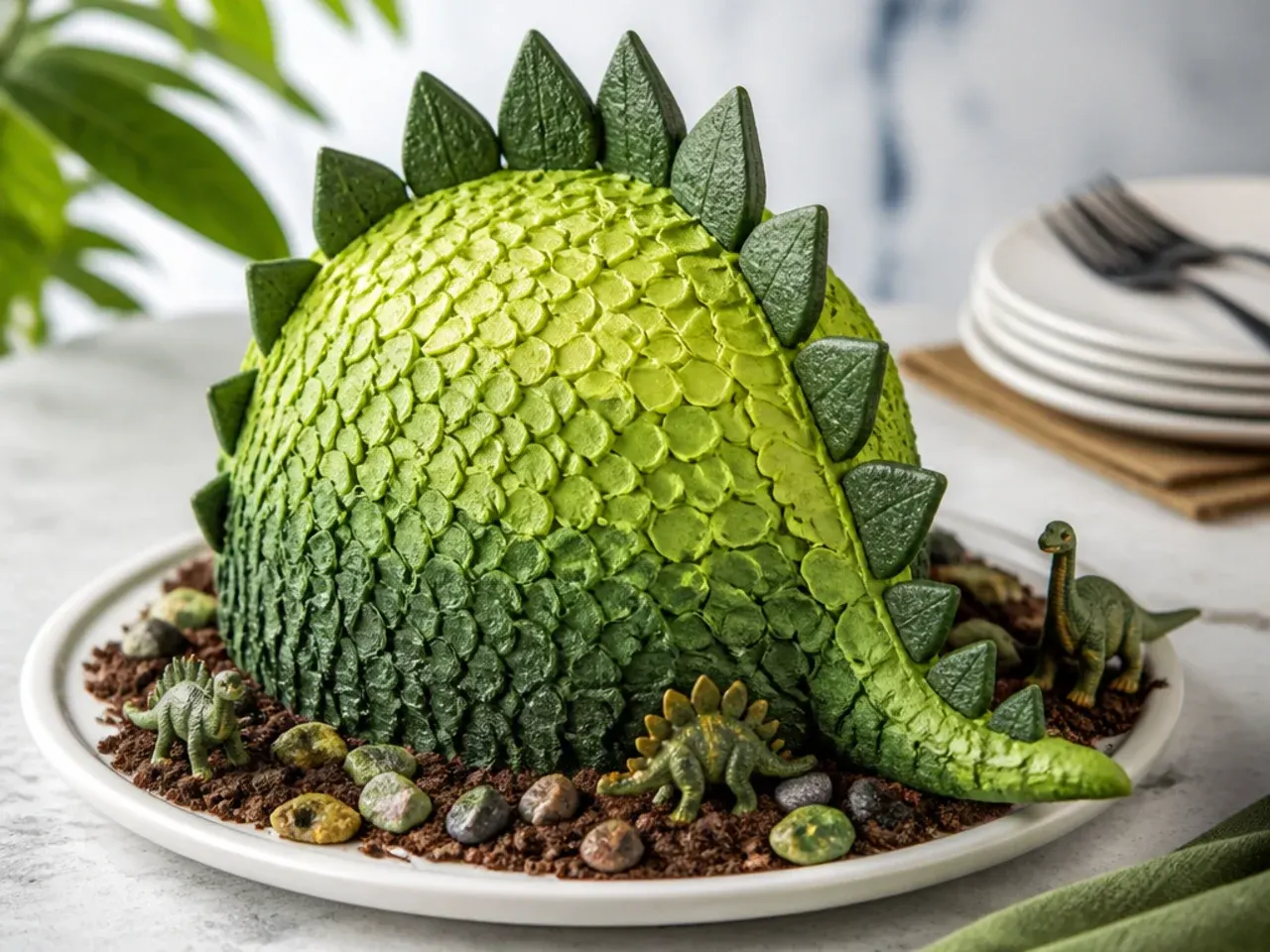 textured dinosaur skin buttercream cake with two-tone green scales