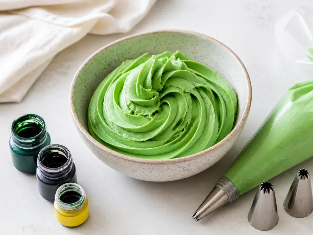 green buttercream, gel colours and piping tips ready for an easy dino cake