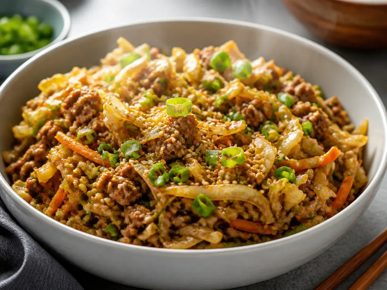 Overhead shot of easy egg roll in a bowl in a white skillet with chopsticks resting on the side