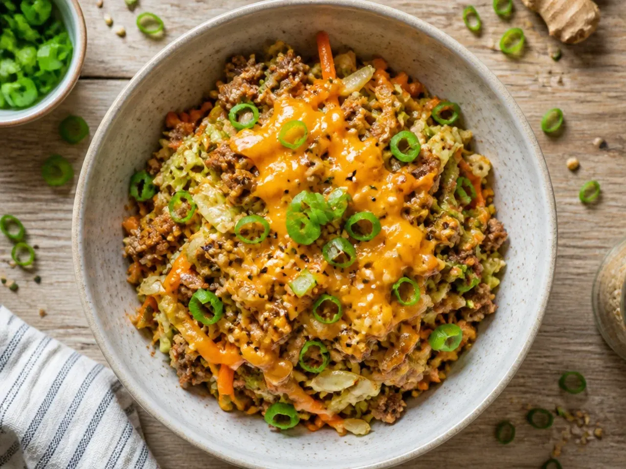 Ground pork and coleslaw mix cooking together in a skillet