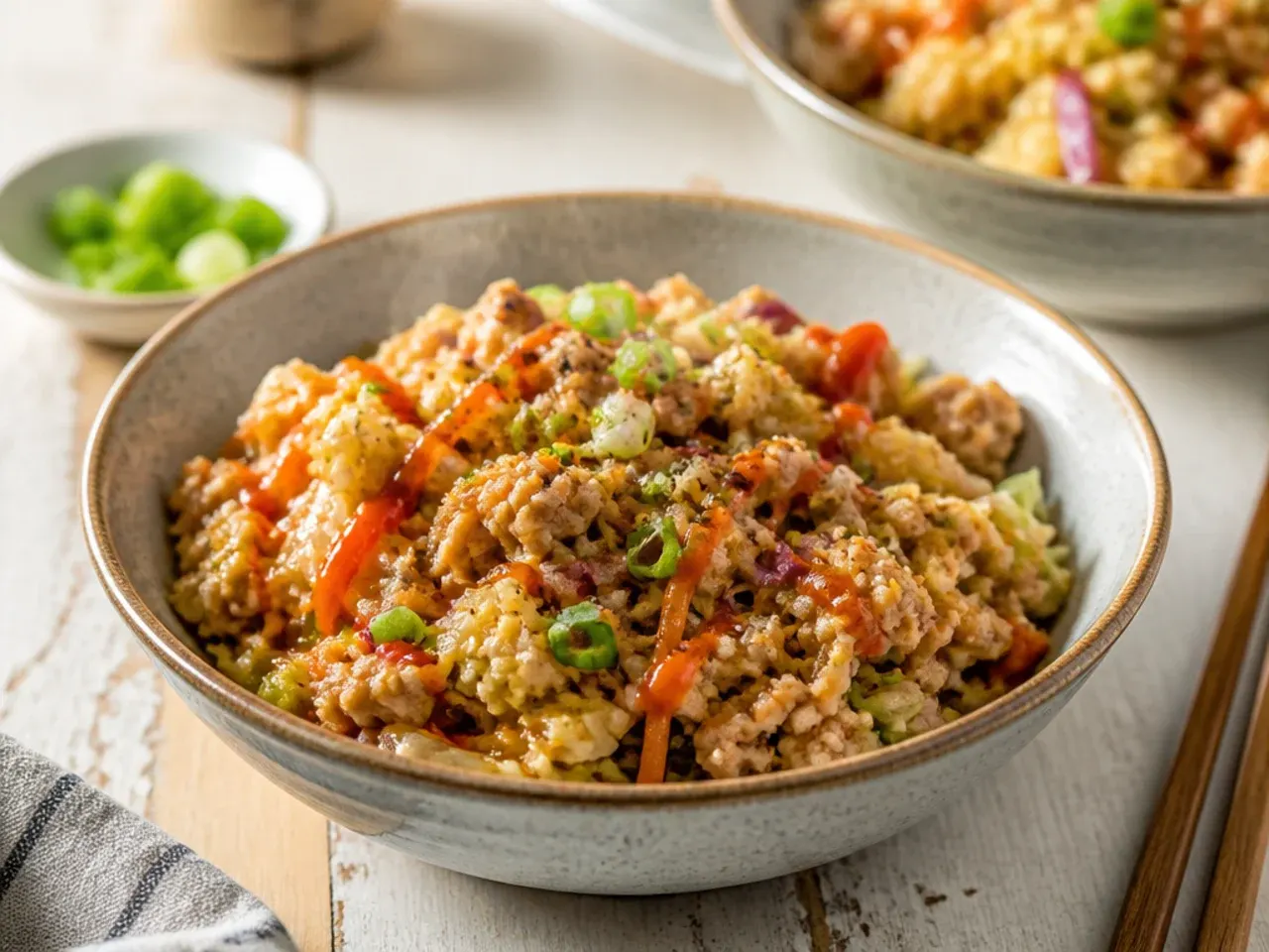 Ground turkey egg roll in a bowl in a nonstick skillet