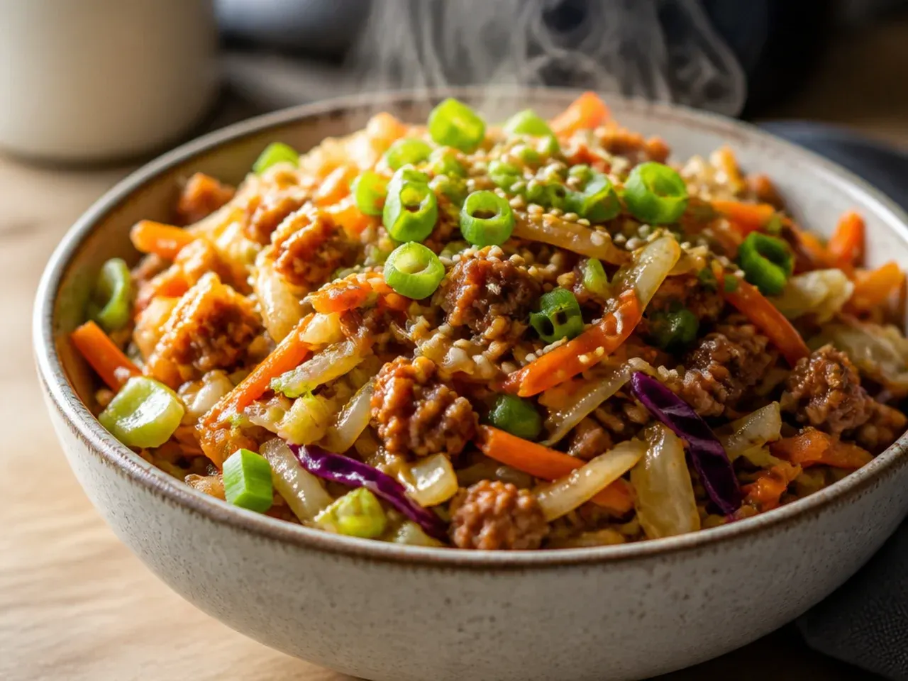 Fresh ginger and garlic being grated next to a skillet of egg roll in a bowl