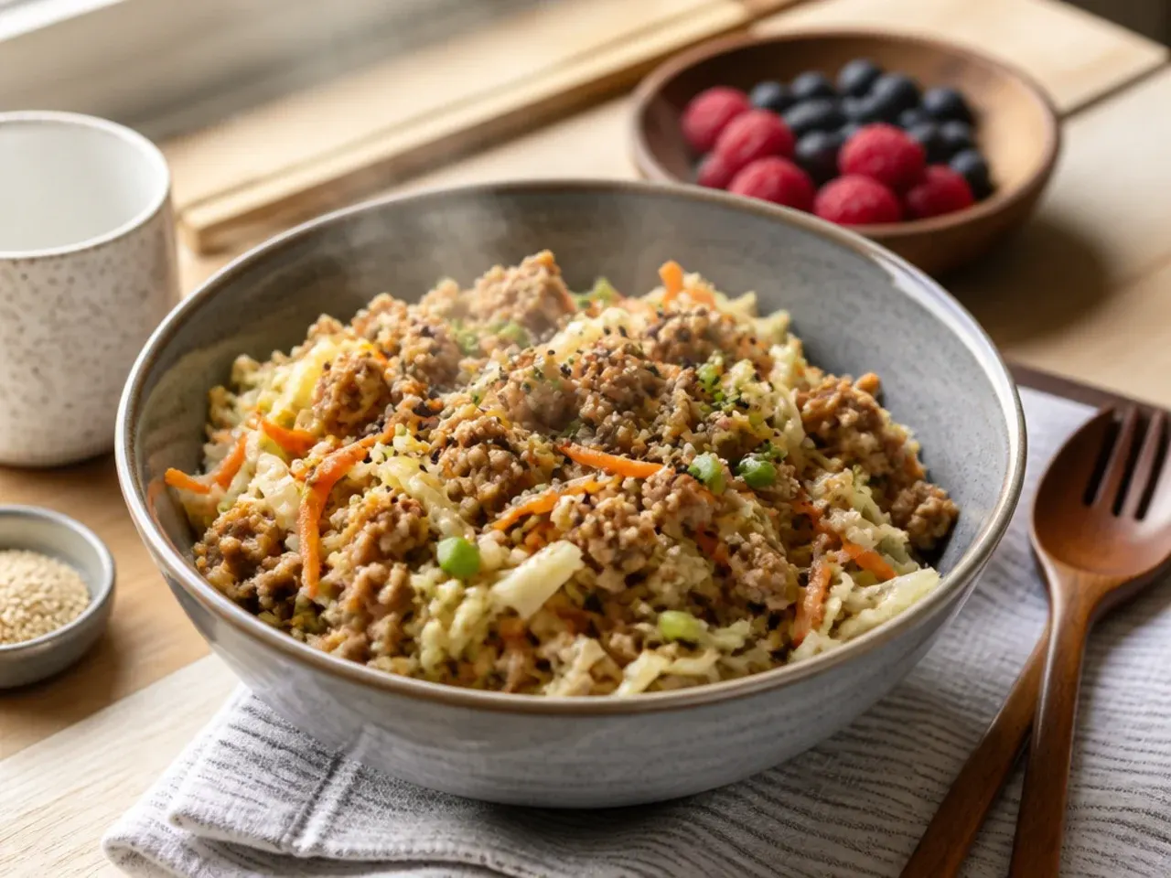 Five simple ingredients laid out next to a skillet for easy egg roll in a bowl