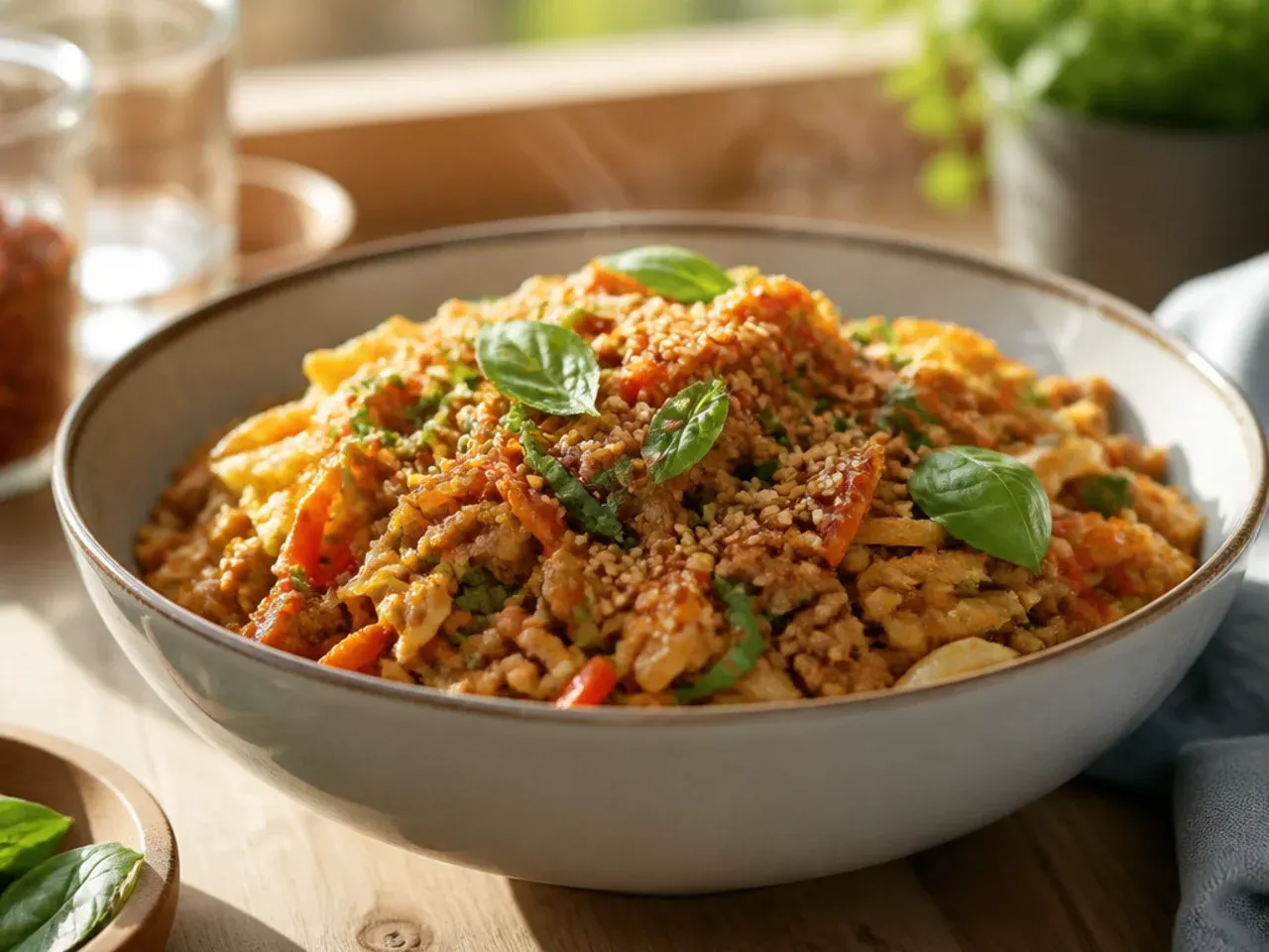 Creamy sriracha sauce being drizzled over egg roll in a bowl