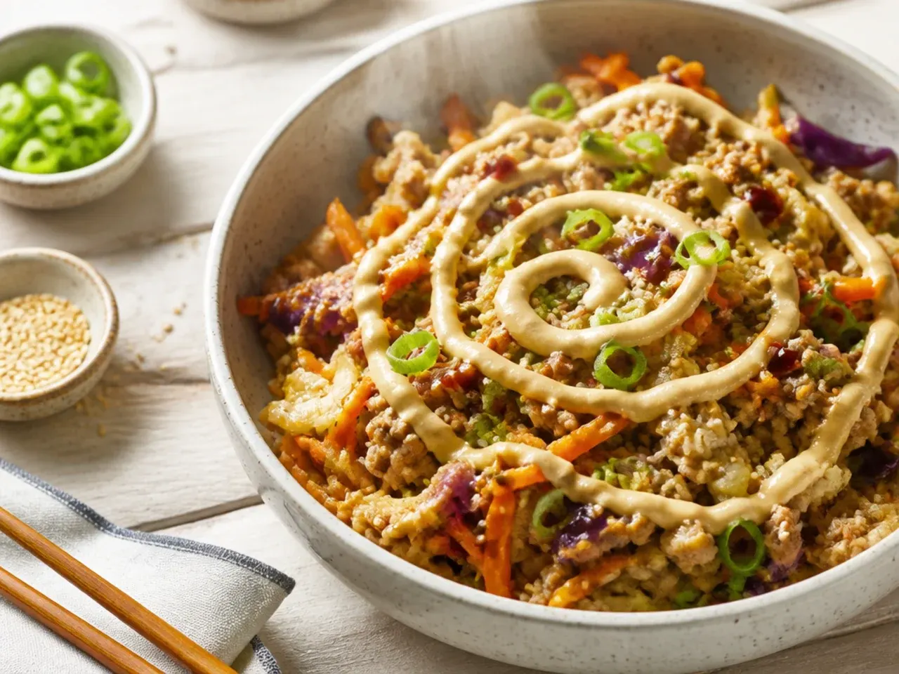 Egg roll in a bowl loaded with bell peppers, mushrooms and peas
