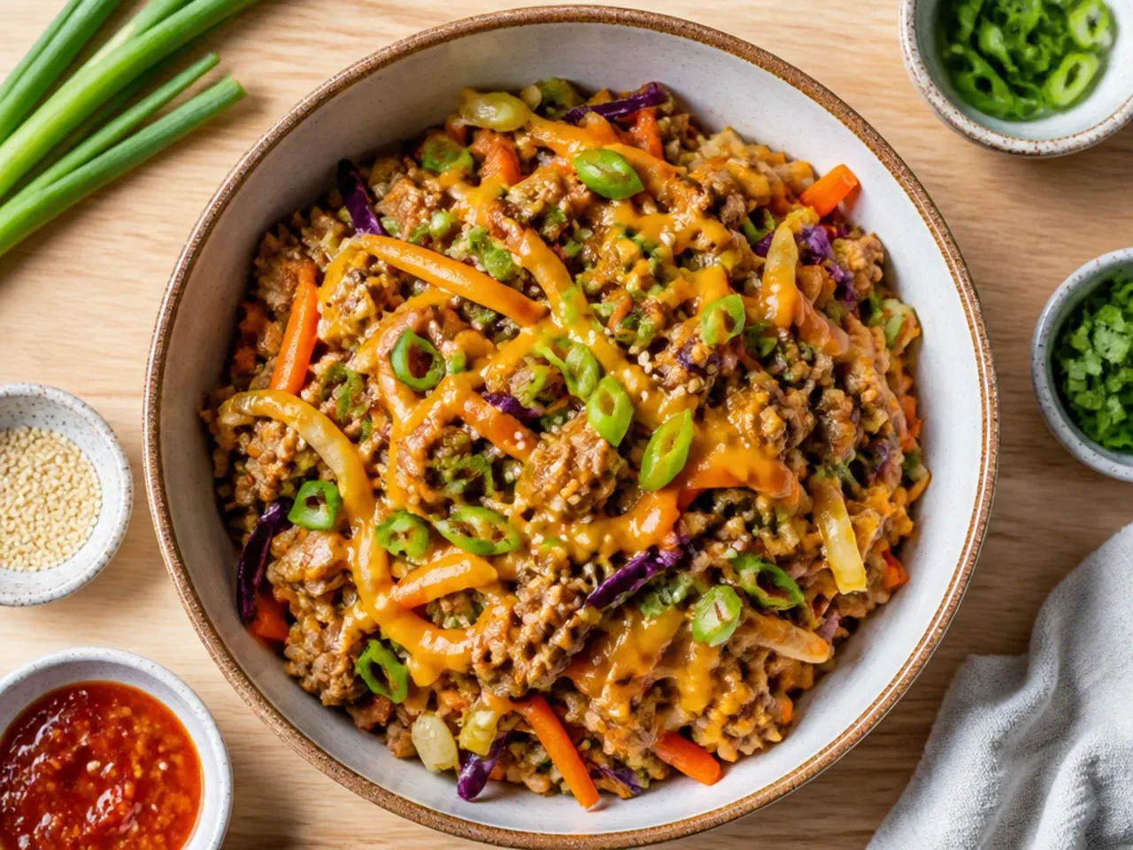 Budget ingredients including cabbage, soy sauce and ground meat for egg roll in a bowl