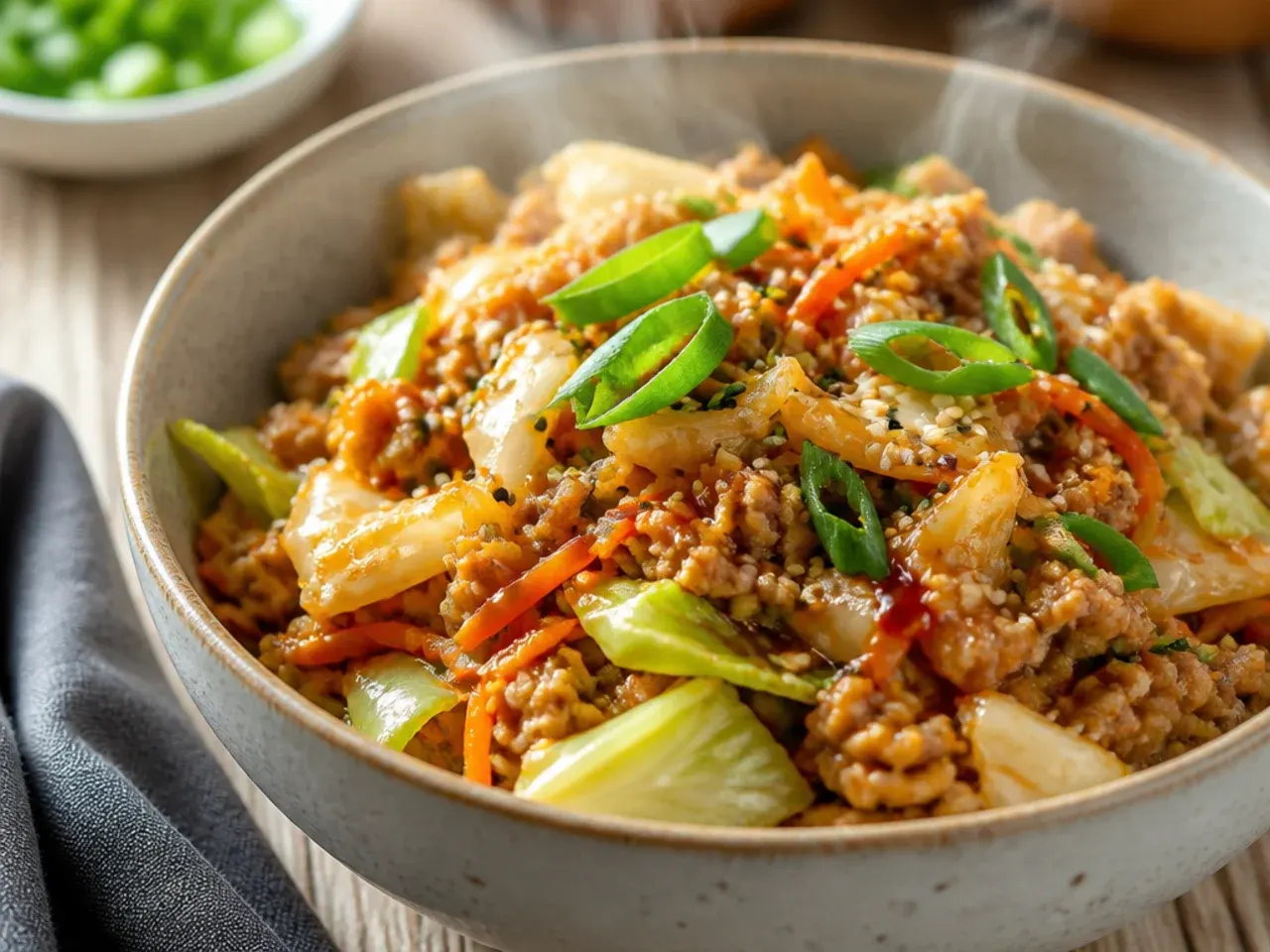 Meal prep containers filled with egg roll in a bowl and rice