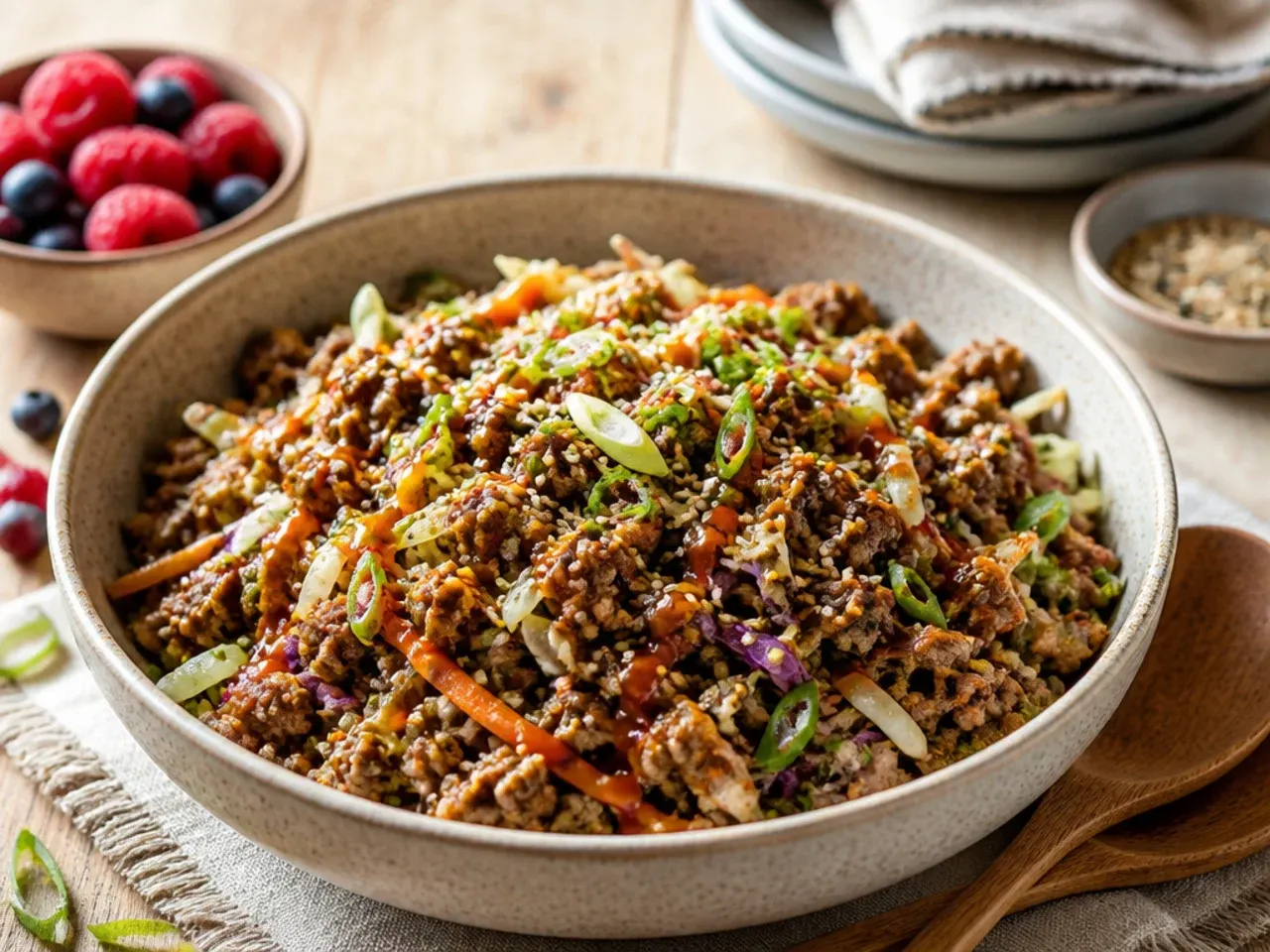Egg roll in a bowl casserole topped with melted cheese and wonton strips