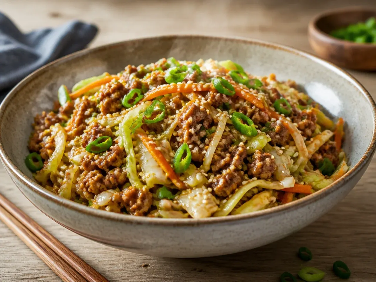 Ground beef egg roll in a bowl in a cast iron skillet