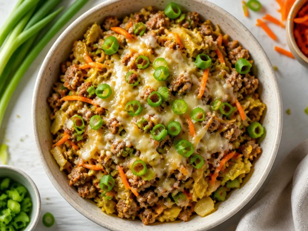 Egg roll in a bowl ingredients spread on a sheet pan before roasting