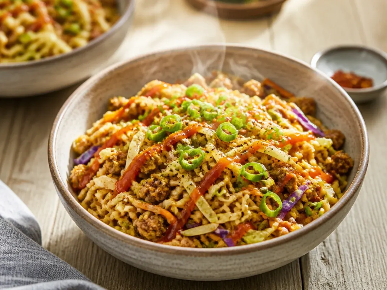Ramen noodles stirred into a cozy one-pot egg roll in a bowl