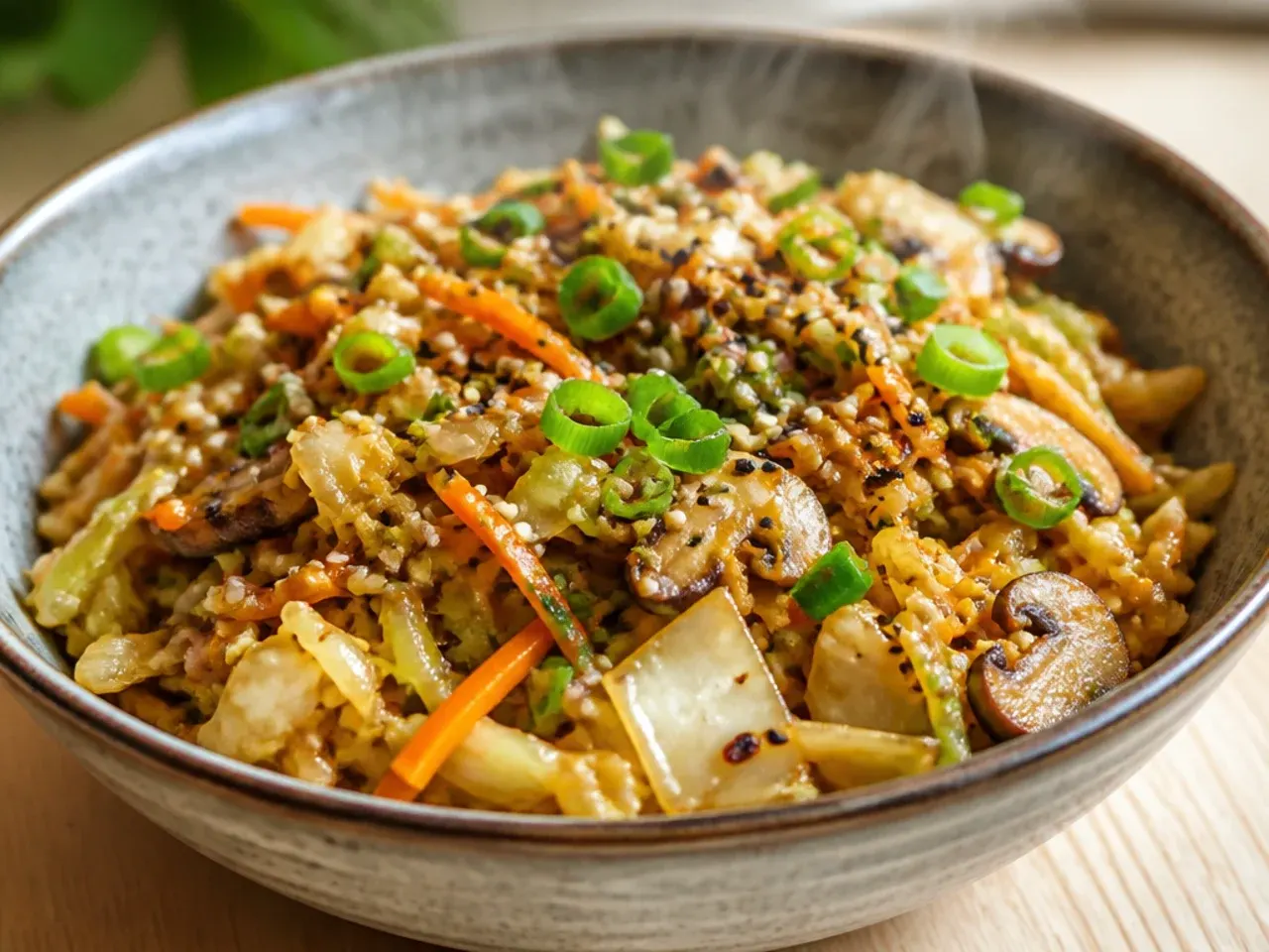 Crumbled tofu egg roll in a bowl with cabbage and green onions