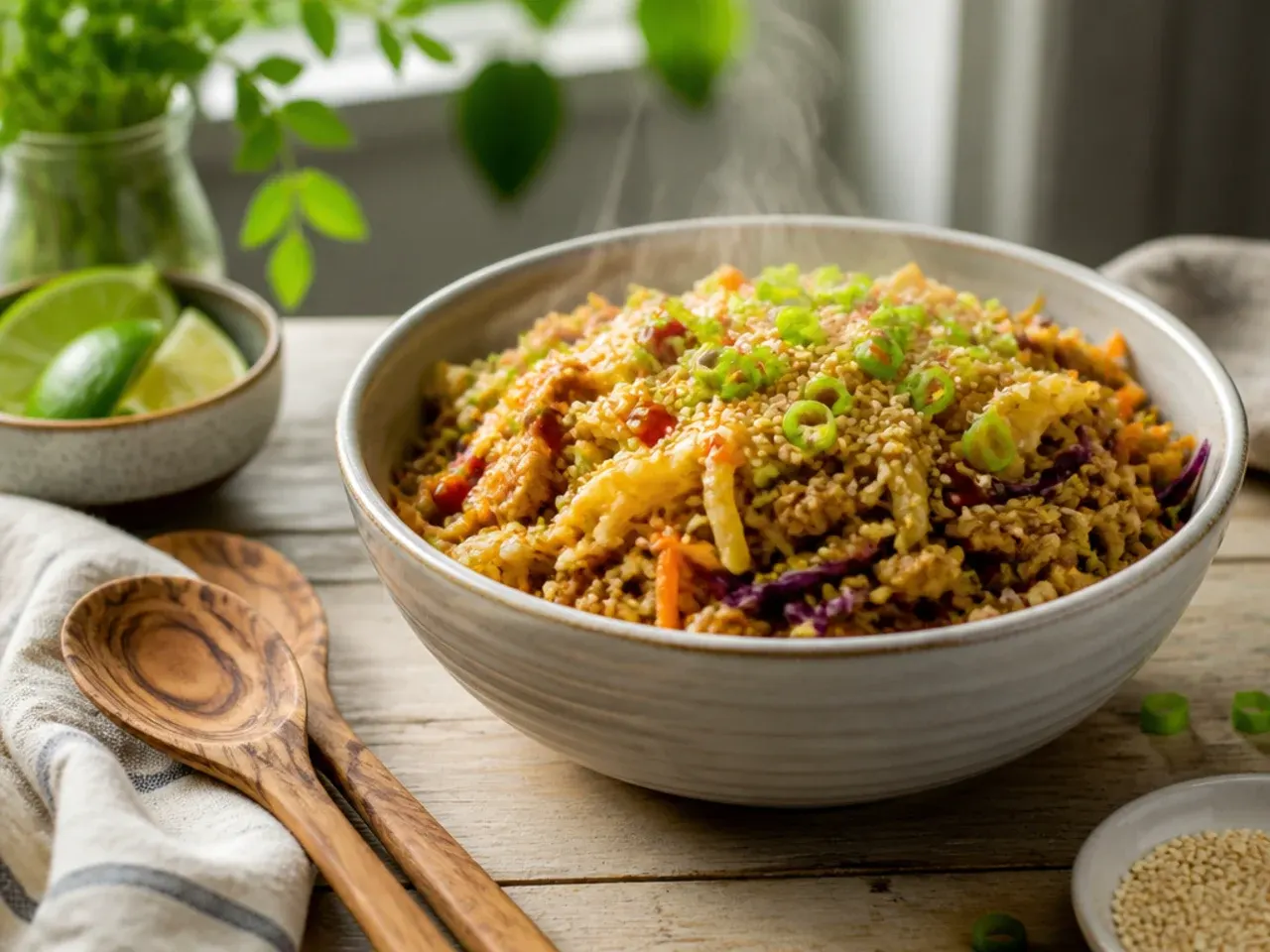 Creamy peanut sauce egg roll in a bowl topped with crushed peanuts and lime