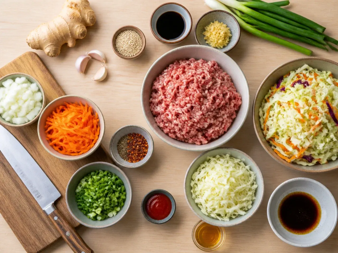 Close-up of hands seasoning a skillet of egg roll in a bowl